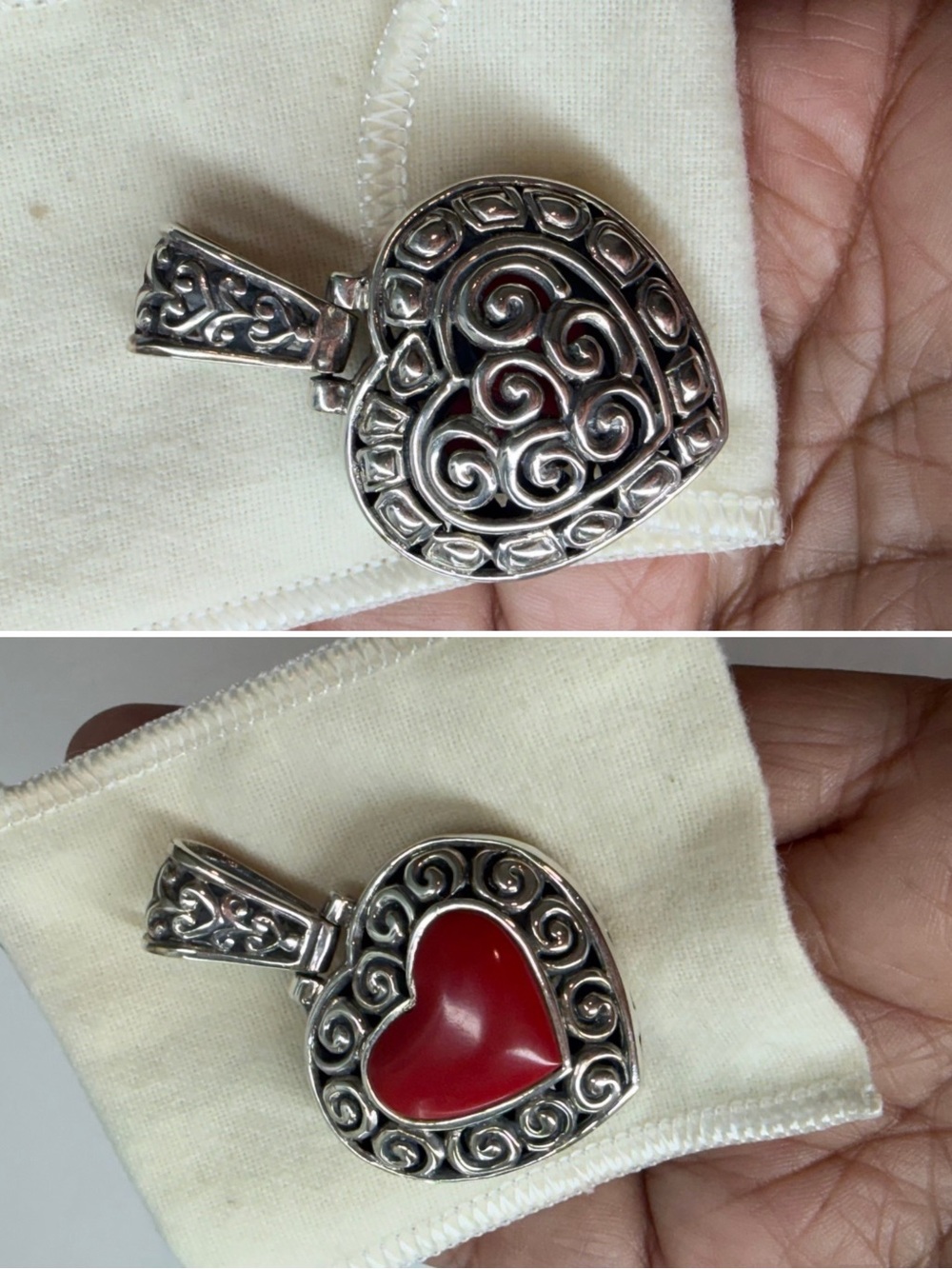 Vintage Reversible Red Heart Pendant in Ornate .925 Sterling Silver Puffy 19.7g